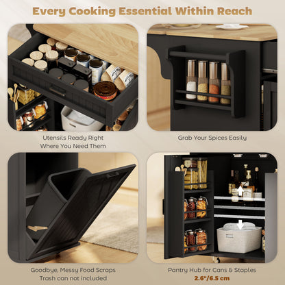 Kitchen Island Cart, Portable Kitchen Island Table with Charging Station, Rubber Wood Drop Leaf, Trash Storage, Black