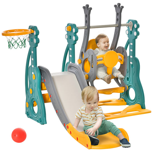 Qaba 4-in-1 Toddler Slide and Swing Set with Basketball Hoop and Adjustable Seat Height, Kids Play Climber Slide Playset