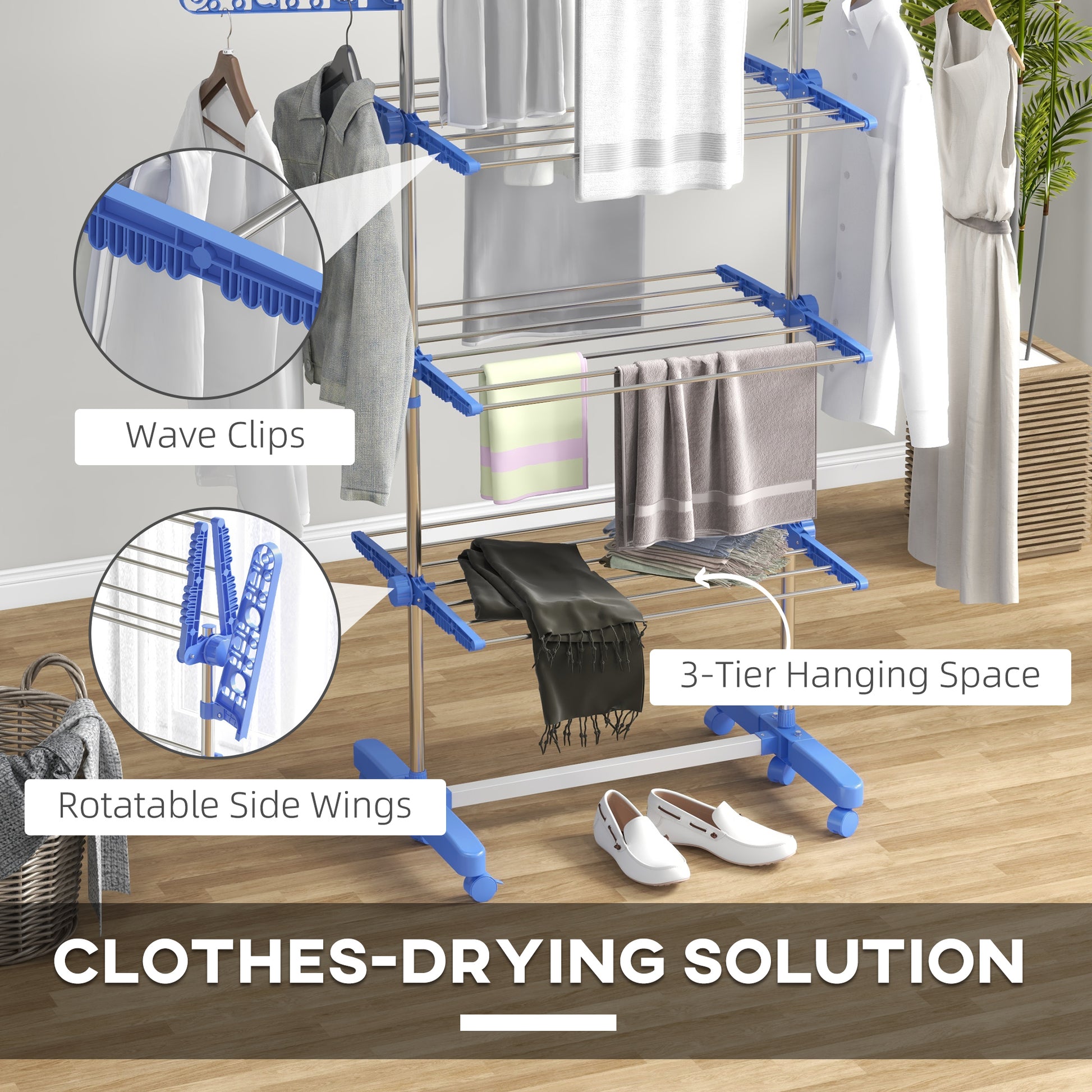 3-Tier Foldable Clothes Drying Rack, Stainless Steel Laundry Rack with 2 Side Wings and 6 Castors, Collapsible Adjustabl