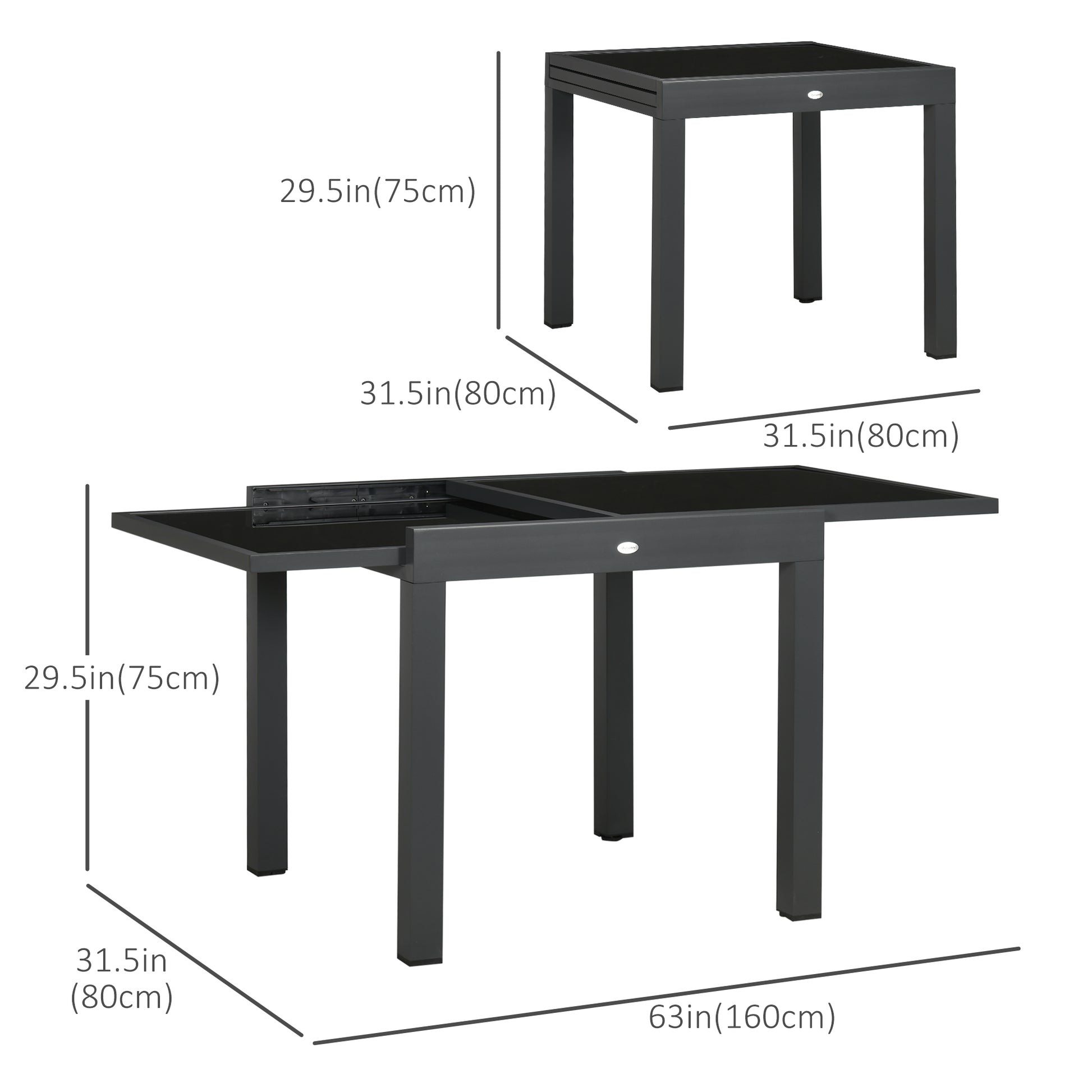 63" Extendable Outdoor Dining Table Patio Table with Aluminum Frame and Tempered Glass Tabletop, Black