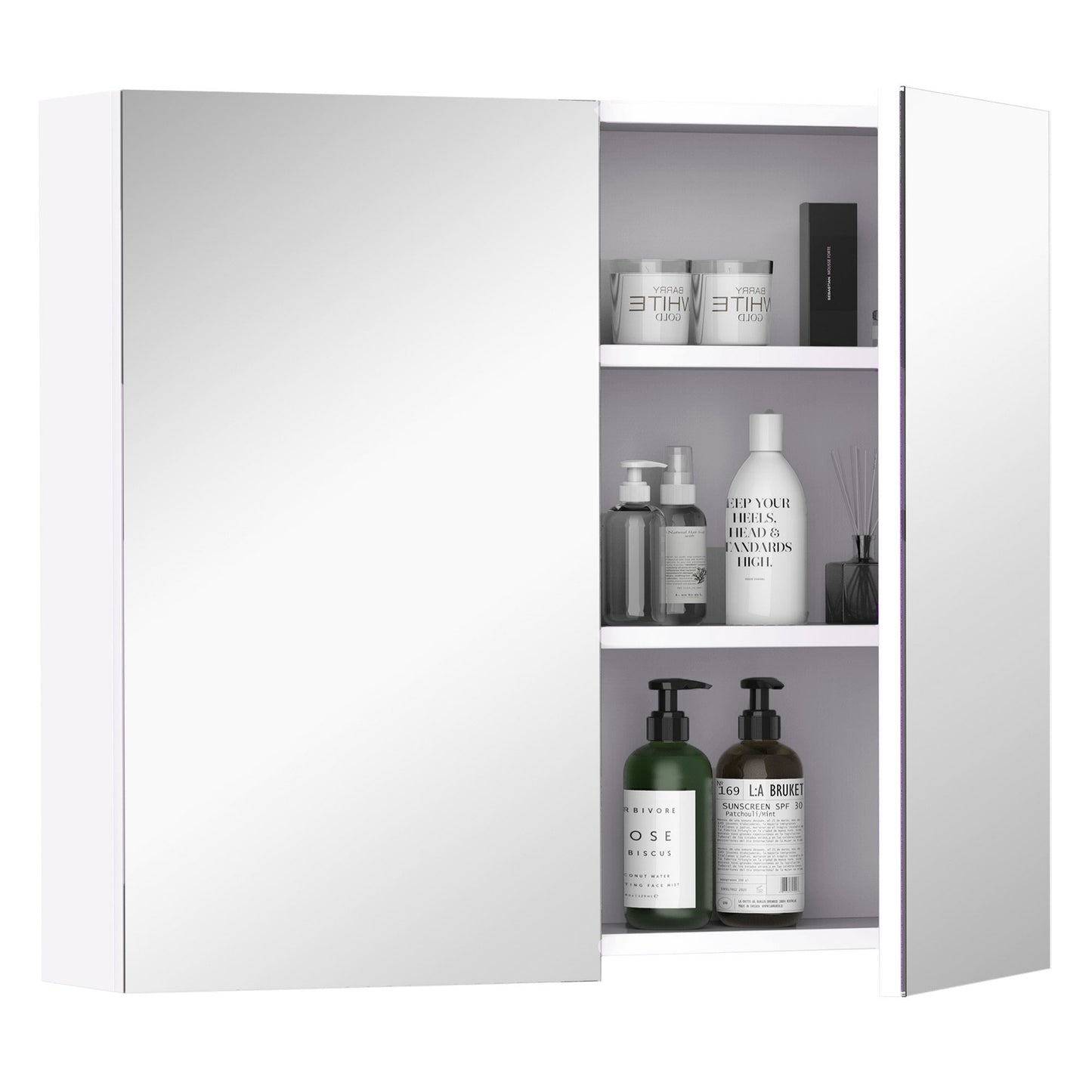 Wall Mount Mirrored Medicine Cabinet, Bathroom Mirror Cabinet with Adjustable Shelf, Double Soft Closing Doors, Light Li
