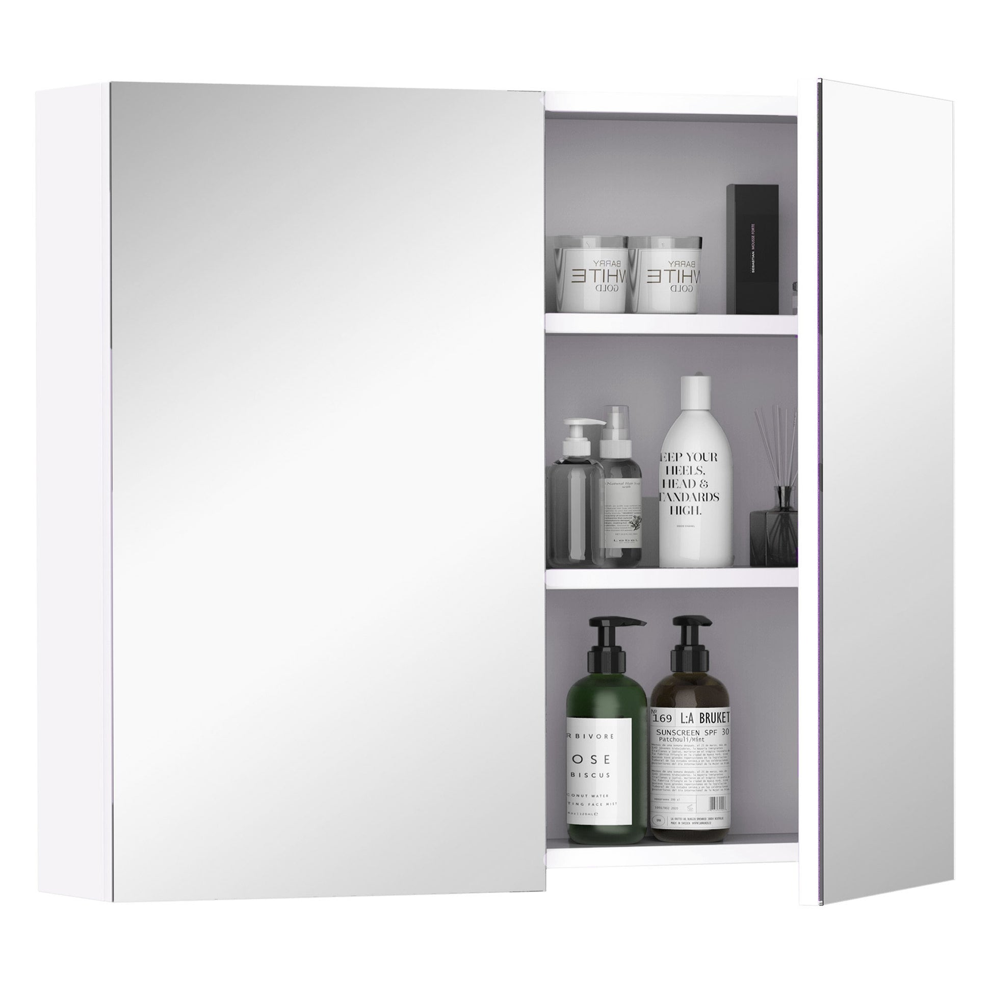 Wall Mount Mirrored Medicine Cabinet, Bathroom Mirror Cabinet with Adjustable Shelf, Double Soft Closing Doors, Light Li