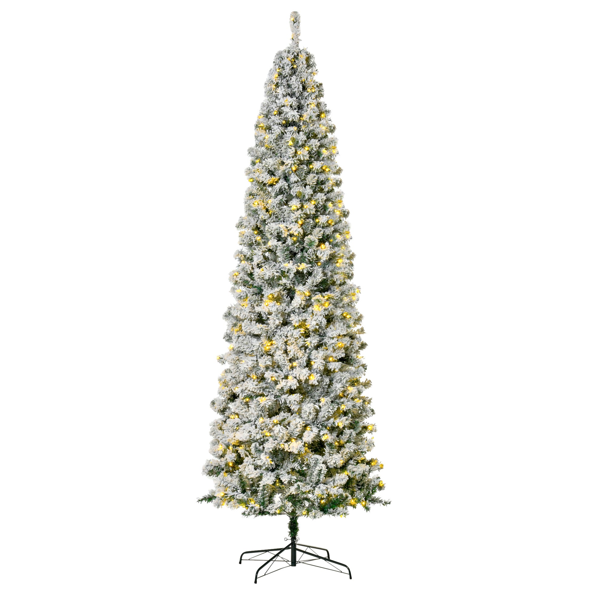 9 Feet Prelit Artificial Snow Flocked Pencil Christmas Tree, Slim Xmas Tree with Warm White LED Light, Holiday Home Xmas