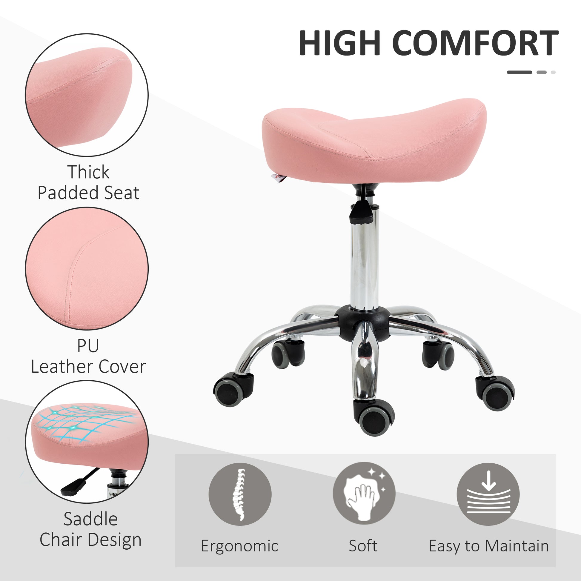 Ergonomic Saddle Stool with Wheels, Adjustable PU Leather Saddle Chair, 360° Swivel, NO Back Pain, Healthy Posture, Salo