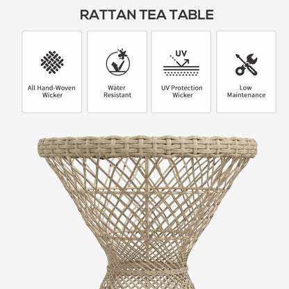 Wicker Outdoor Coffee Table, 18" Round Drum-Style Outdoor Patio Table with Tempered Glass Top, Light Brown