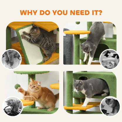 63" Cat Tree, Multi-Level Cat Tower with Scratching Posts, Cat Condos, Bed, Platforms, Ramp, Toy Ball, Green
