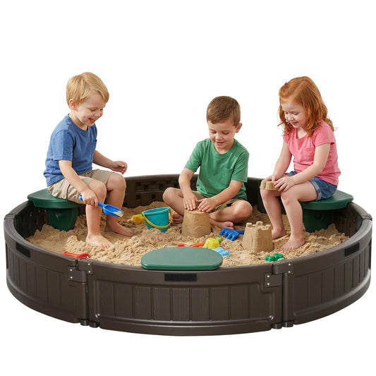 Kids Sandbox with Cover, Seat, Sandbox Outdoor for Backyard, Brown