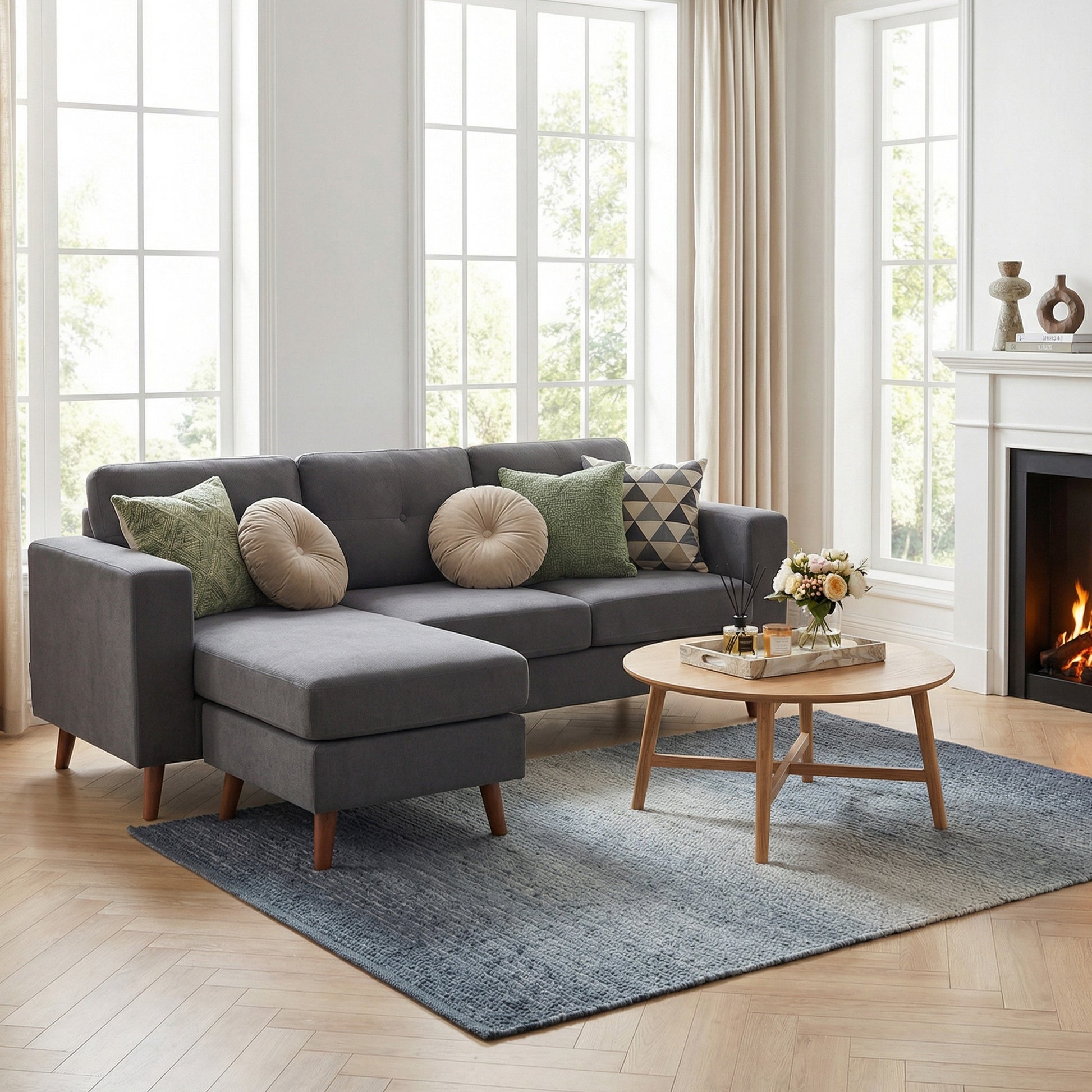 Sectional Sofa with Changeable Chaise Lounge, 3 Seat L-Shaped Small Space Sofa, Upholstered Couch for Small Space, Dark 