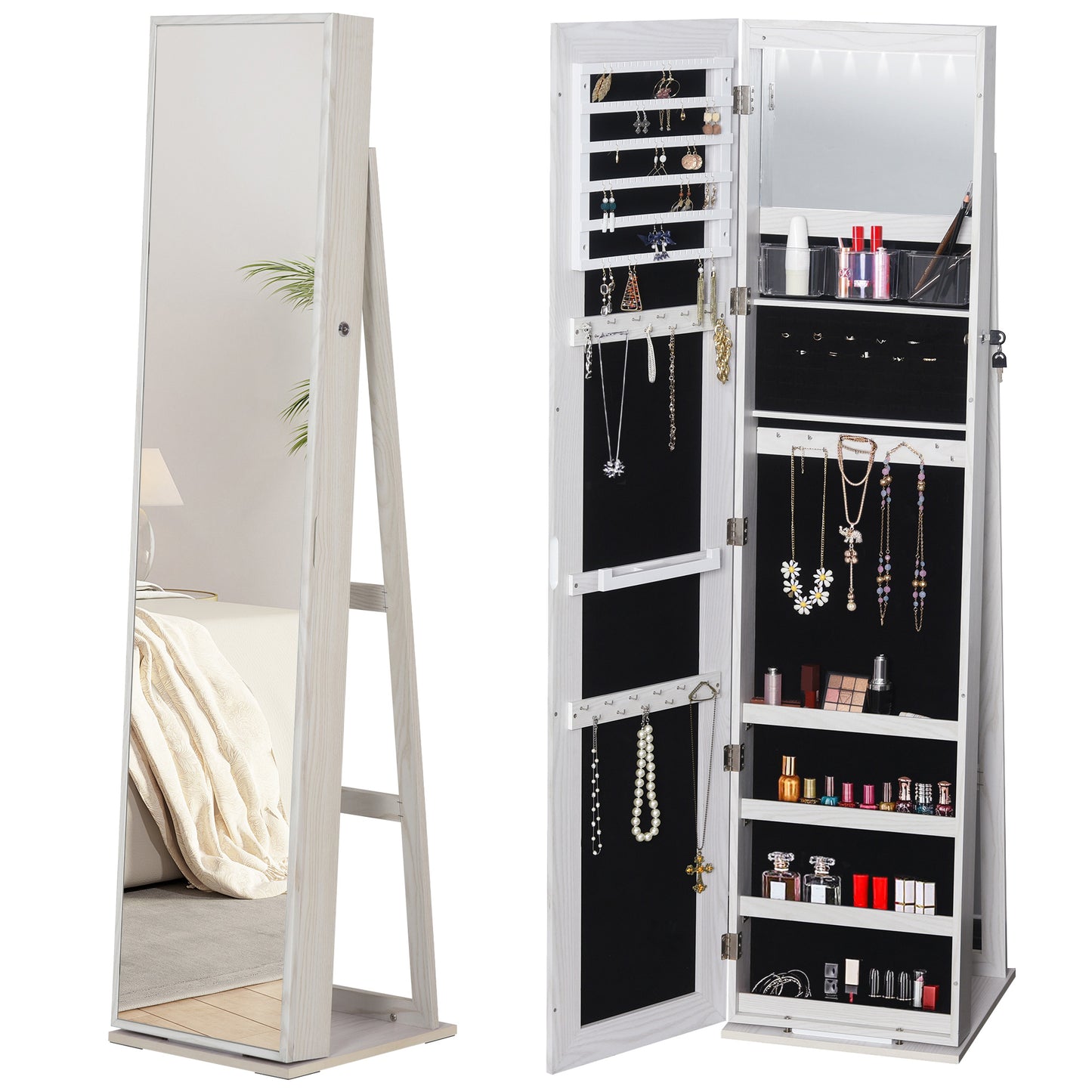 Mirror Jewelry Cabinet Armoire, Lockable Jewelry Organizer with Full-Length Mirror, LED Lights, Standing Jewelry Armoire
