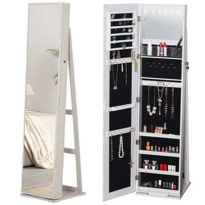 Mirror Jewelry Cabinet Armoire, Lockable Jewelry Organizer with Full-Length Mirror, LED Lights, Standing Jewelry Armoire