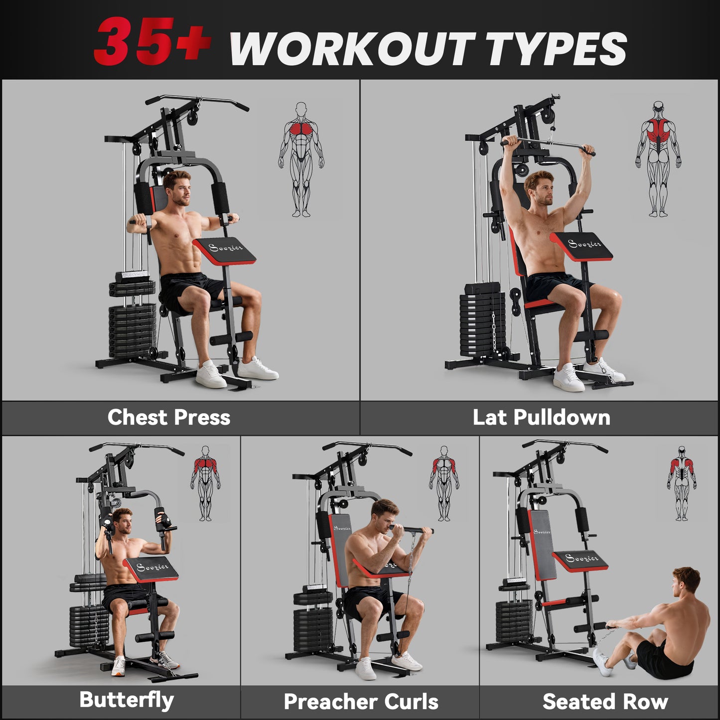 Soozier Home Gym Equipment Weight Training Machine, Multifunction Workout Machine with 143lbs Weight Stack for Full Body