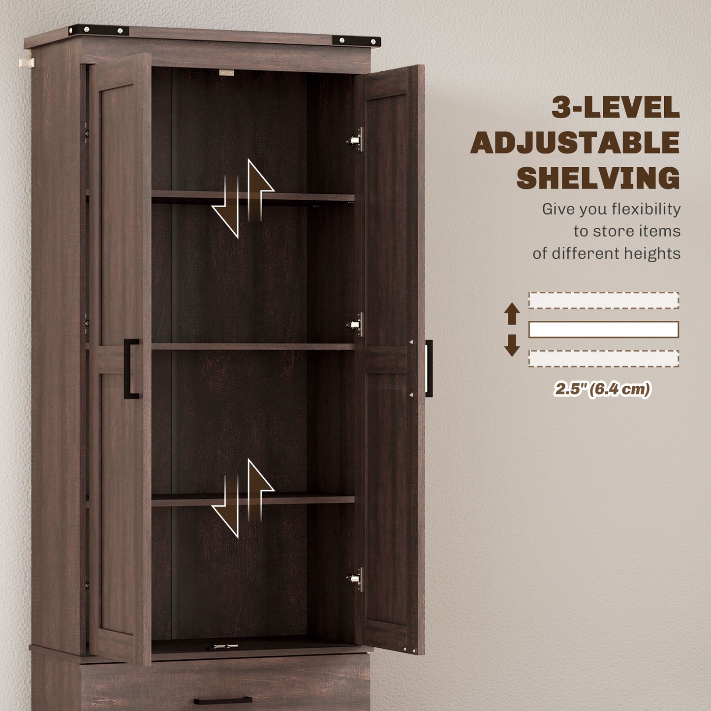 67" Tall Kitchen Pantry Storage Cabinet, Kitchen Pantry Cabinet with Doors, Drawers and Adjustable Shelves