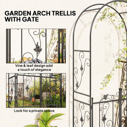 7ft Steel Garden Arch with Gate, Garden Arbor Trellis for Climbing Plants, Roses, Vines, Wedding Arch for Outdoor, Garde