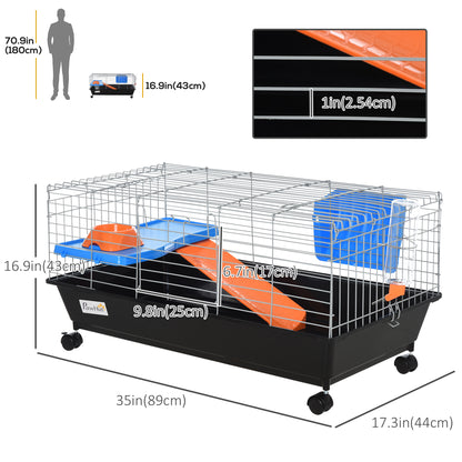 Small Animal Cage, Rolling Bunny Cage, Guinea Pig Cage with Food Dish, Water Bottle, Hay Feeder, Platform, Ramp, Black