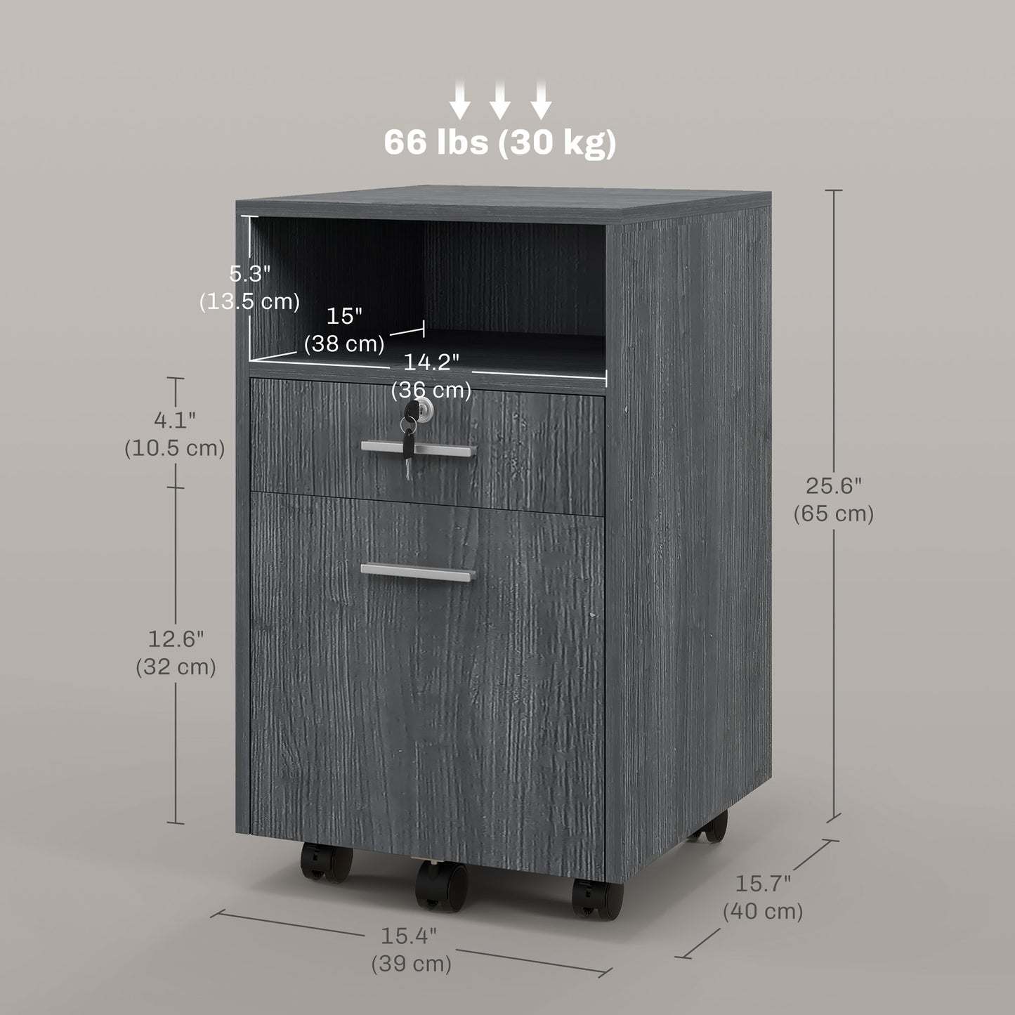 Small Filing Cabinet with 2 Drawers, Lockable Home Office Storage Cabinets on Wheels for A4, Letter Size, Grey