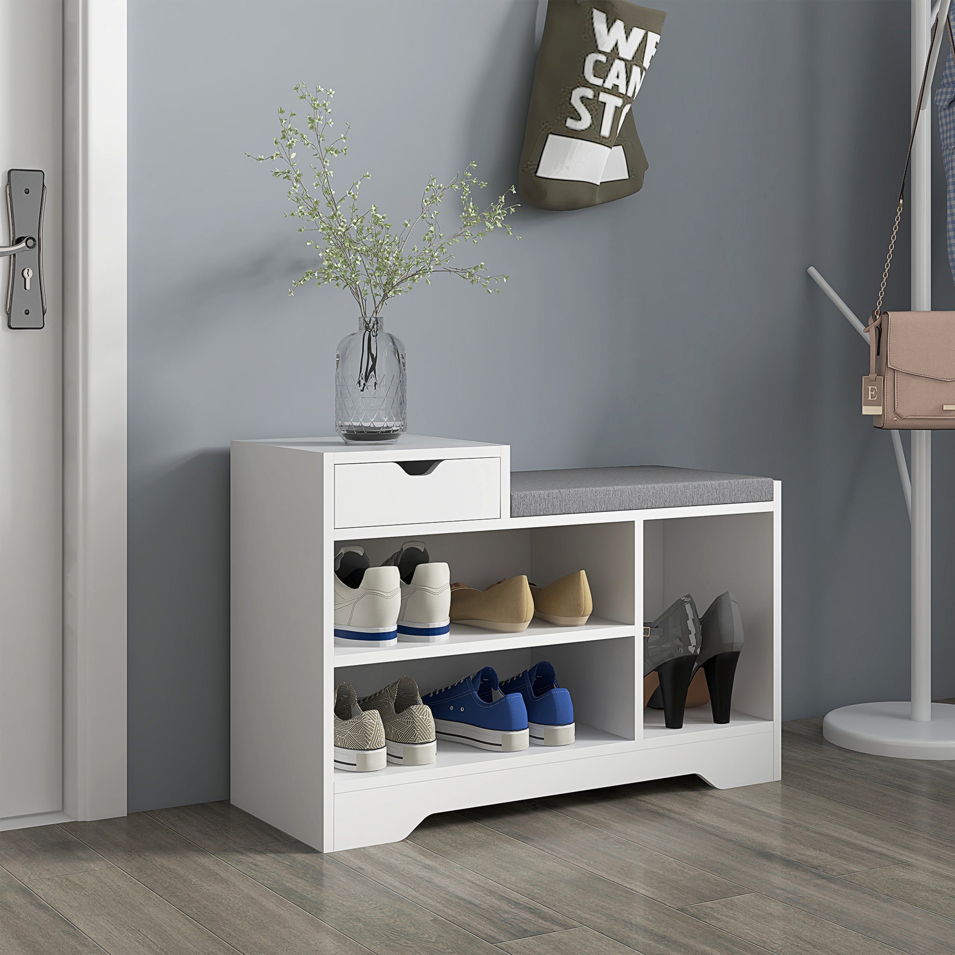 Upholstered Shoe Storage Bench, Hallway Shoe Storage with Seat, Drawer, 3 Open Shelves for Entryway, White