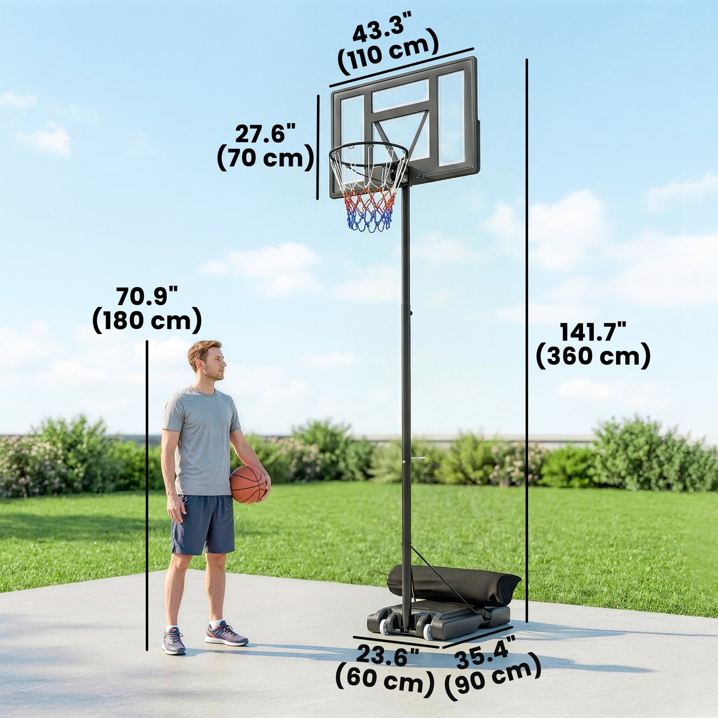Soozier Basketball Hoop Stand Outdoor, 4.4–10 ft Single Hand Rotation Adjustable with Shatterproof Backboard & Weight Ba