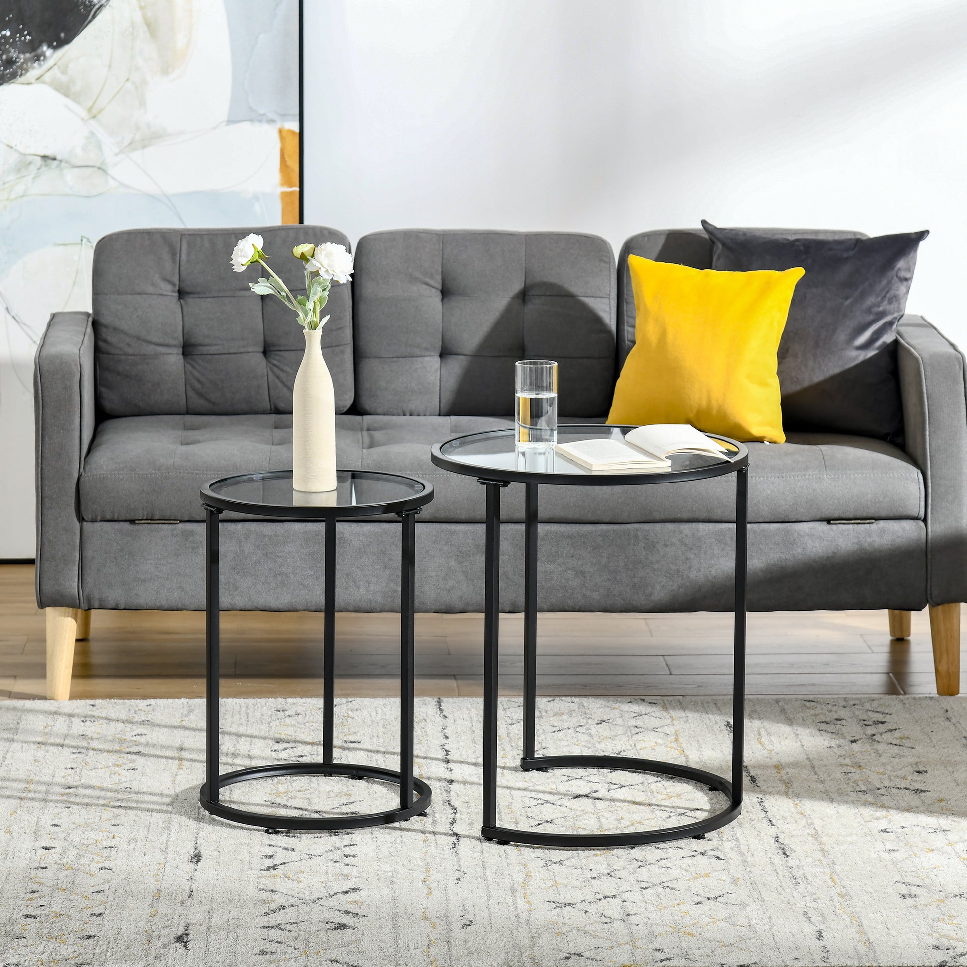 Set of 2 Nesting Coffee Tables with Metal Base, Round Side Table with Tempered Glass Tabletop for Living Room, Bedroom, 