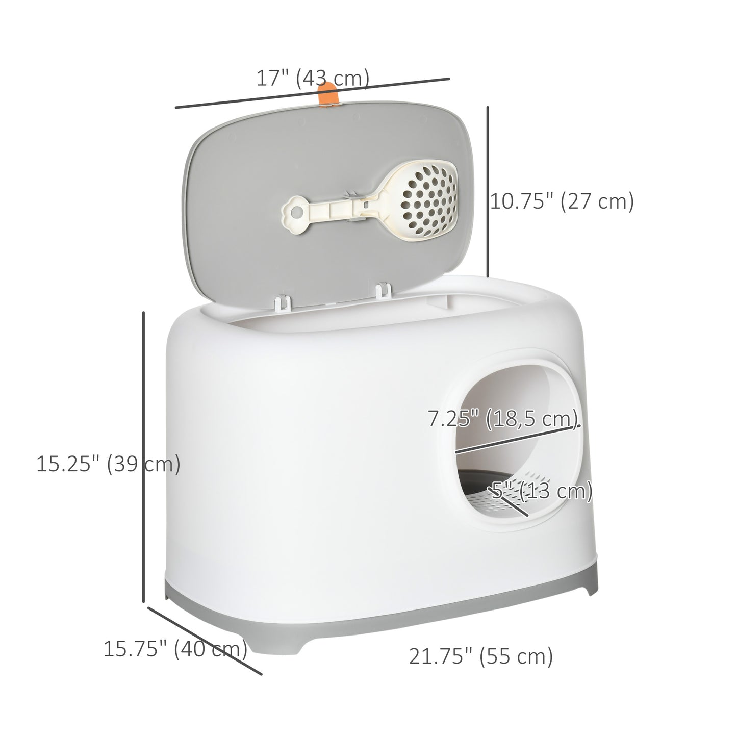 Cat Litter Box with Anti-Sand Tunnel, Scoop, Open Top, Odor Control & Easy to Clean, White