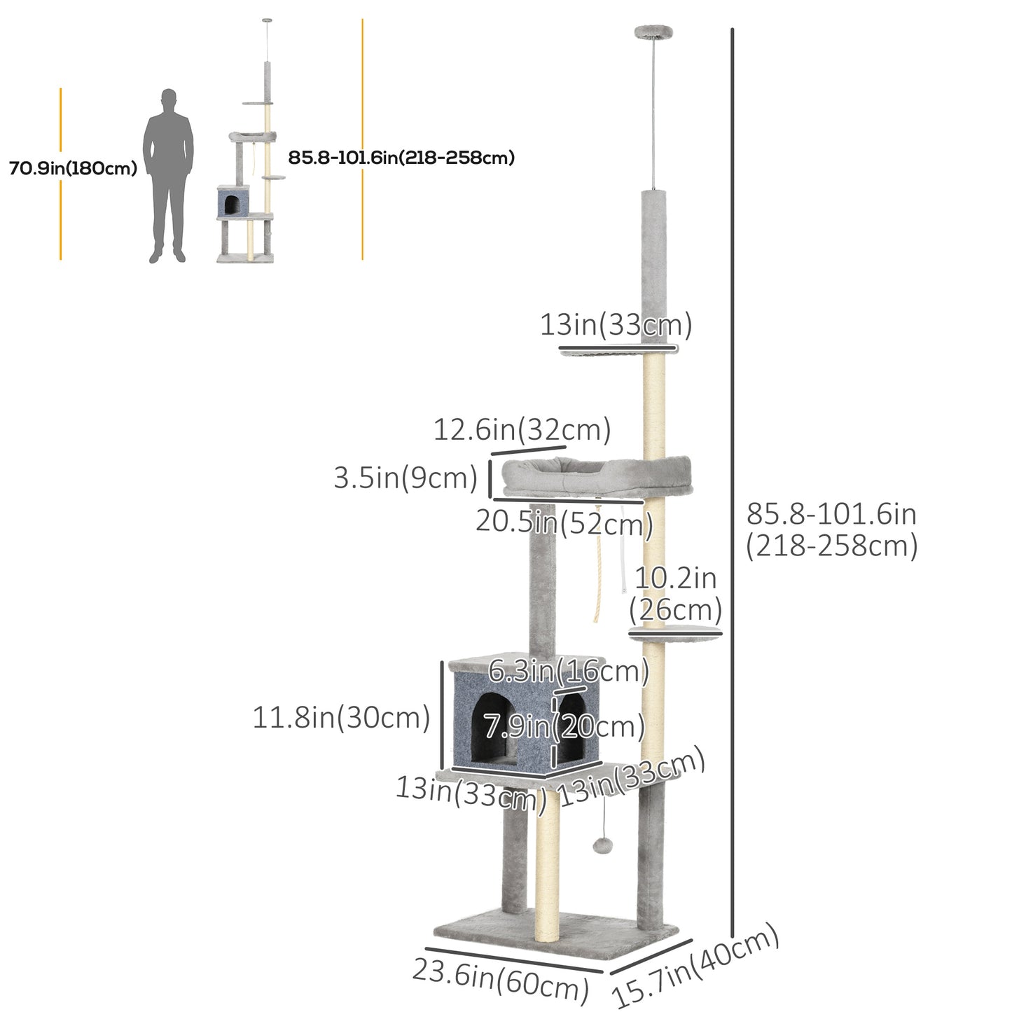 Cat Tree Floor to Ceiling Cat Tower Height Adjustable( 85-101 Inches), Tall Large Cat Climbing Activity Center with Scra