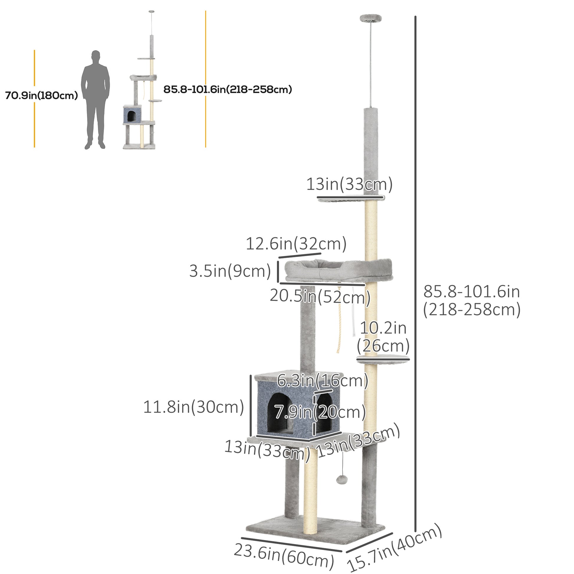 Cat Tree Floor to Ceiling Cat Tower Height Adjustable( 85-101 Inches), Tall Large Cat Climbing Activity Center with Scra