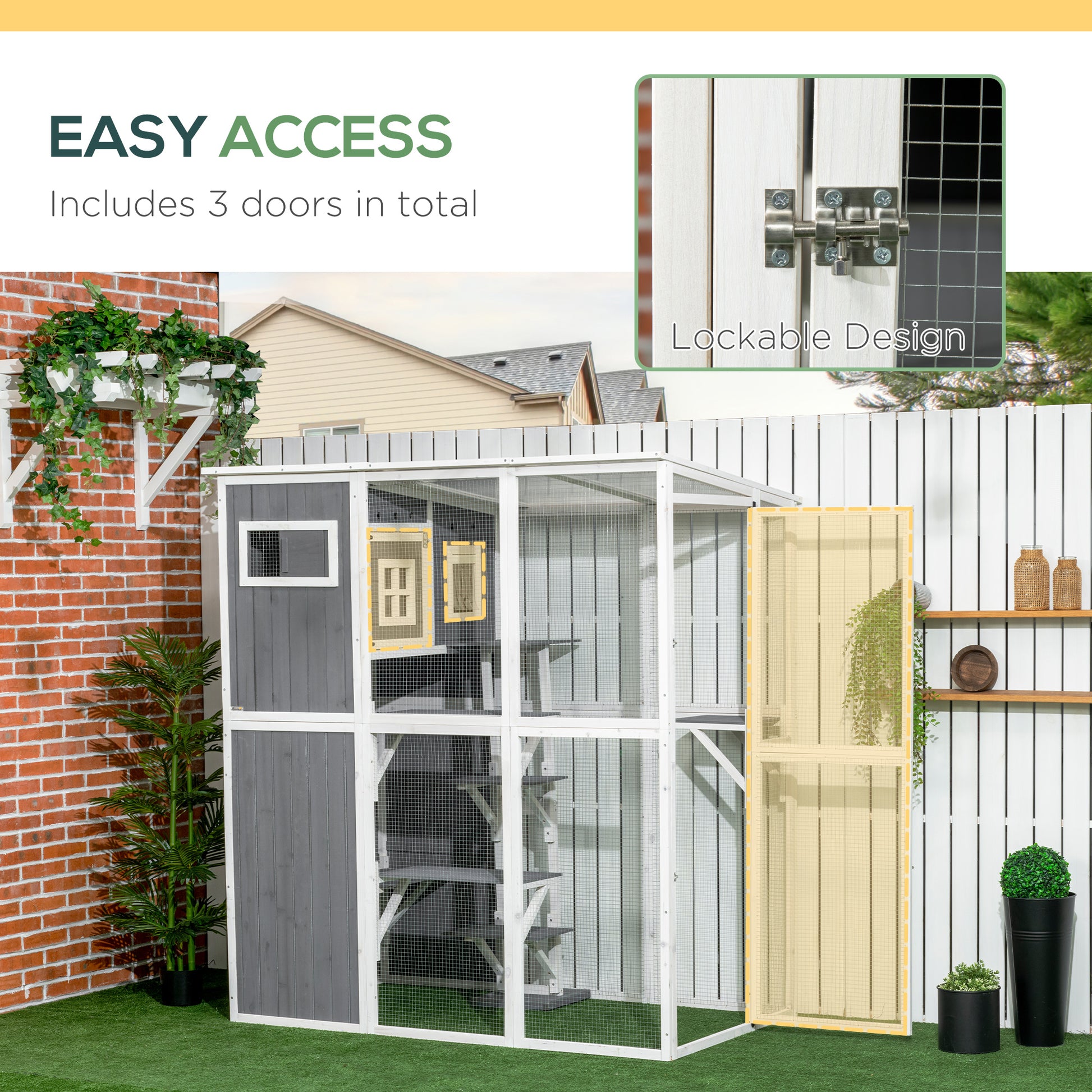Wooden Cat Catio, 66.5"L Walk in Outdoor Cat House with PVC Weather Protection Roof, Multiple Platforms, Lockable Doors,