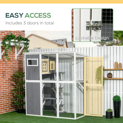 Wooden Cat Catio, 66.5"L Walk in Outdoor Cat House with PVC Weather Protection Roof, Multiple Platforms, Lockable Doors,