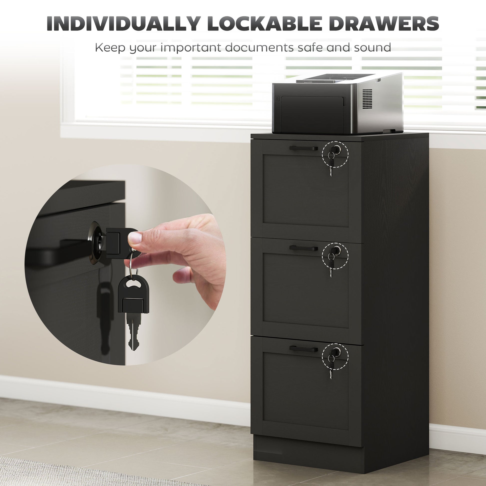 Vertical Filing Cabinet with 3 Drawers, Lock, File Cabinet for Home Office, A4 and Letter Size Files, Black