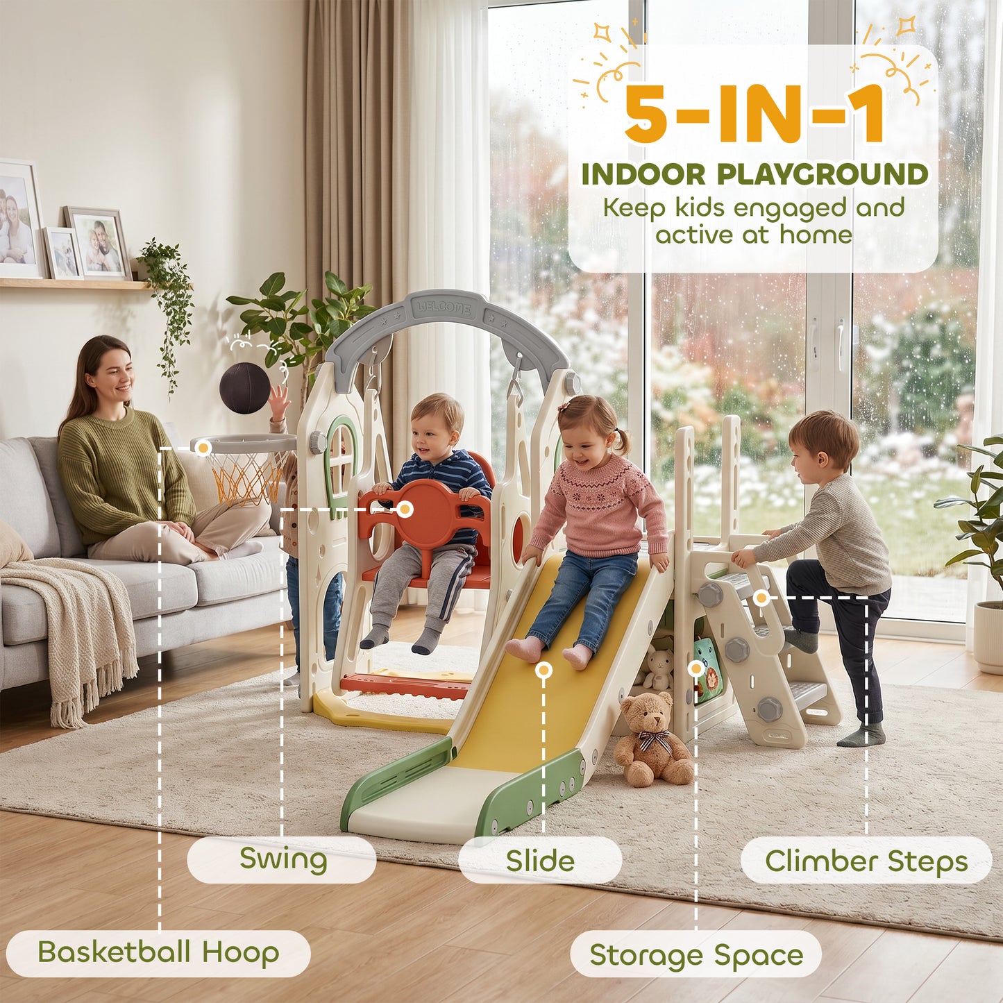 Qaba 6-in-1 Toddler Slide and Swing Set with Adjustable Swing Seat, Ladder, Climbing Wall, Basketball Hoop for Indoor Ou