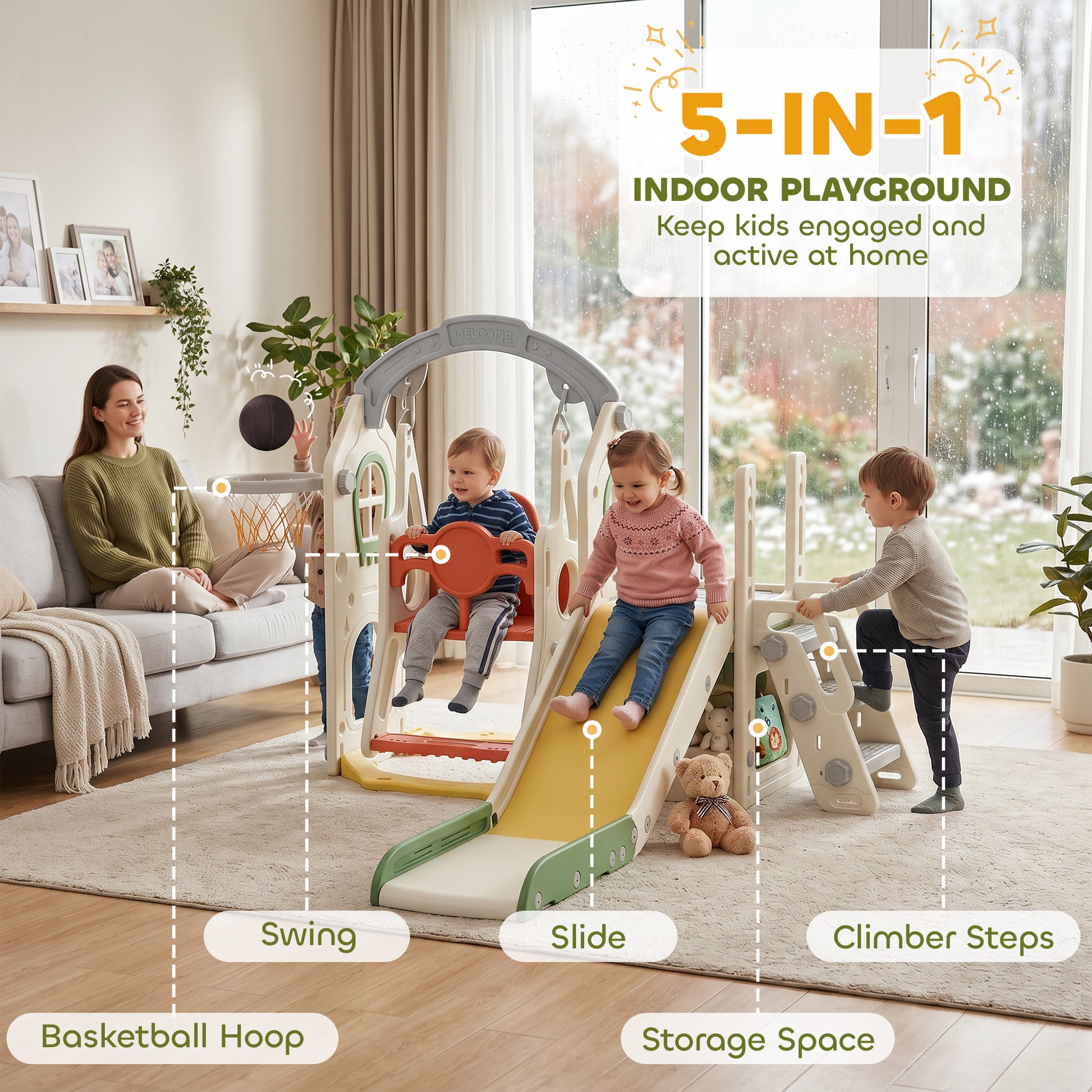 Qaba 6-in-1 Toddler Slide and Swing Set with Adjustable Swing Seat, Ladder, Climbing Wall, Basketball Hoop for Indoor Ou