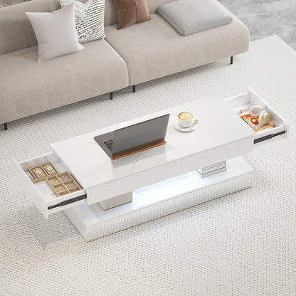 Coffee Table with Adjustable LED Lights, Center Table with 2 Drawers, Open Shelf, Remote, High Gloss Marble-Effect White
