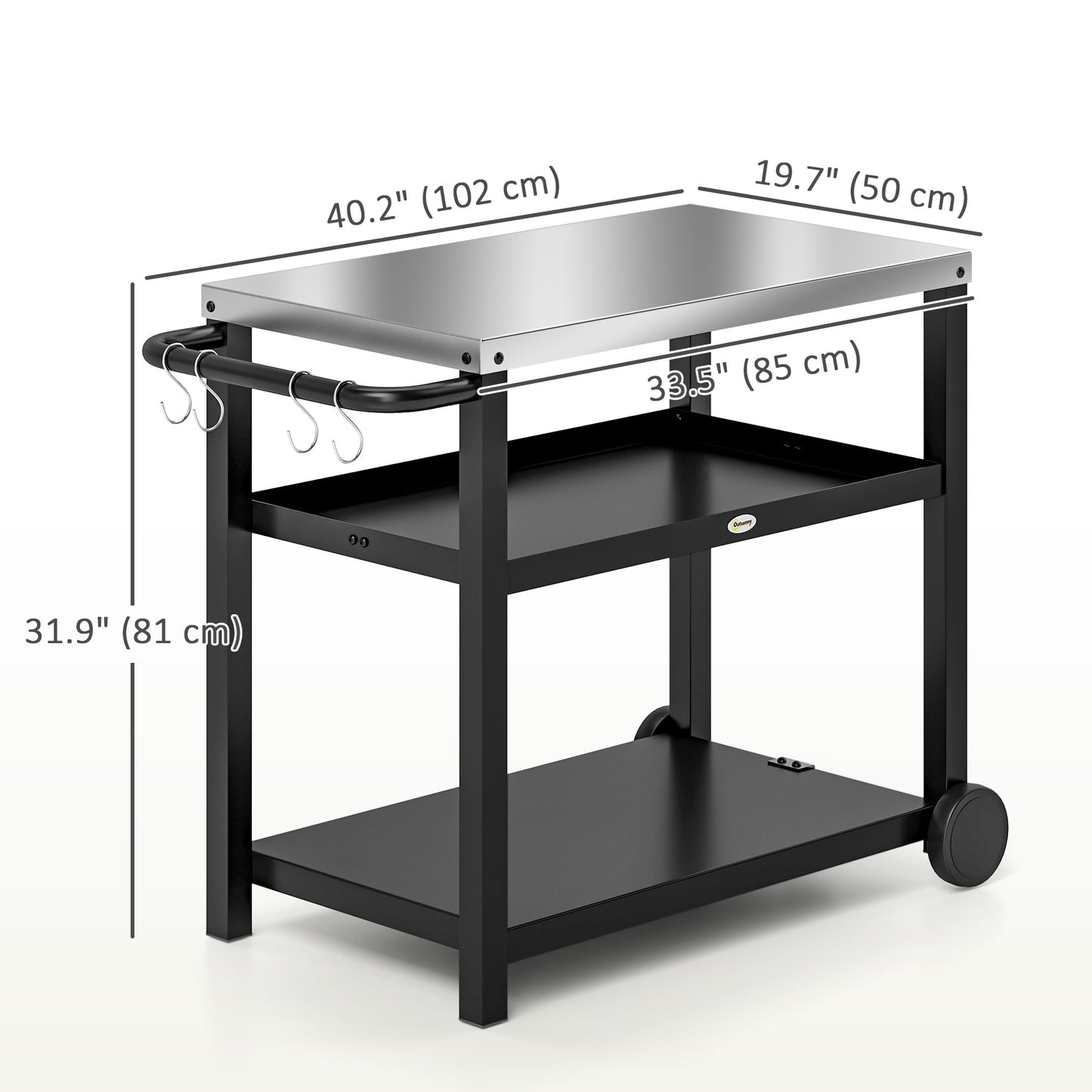 3-Shelf Outdoor Grill Dining Cart Pizza Oven Stand with Stainless Steel Top, Movable BBQ Food Prep Table Outdoor Kitchen