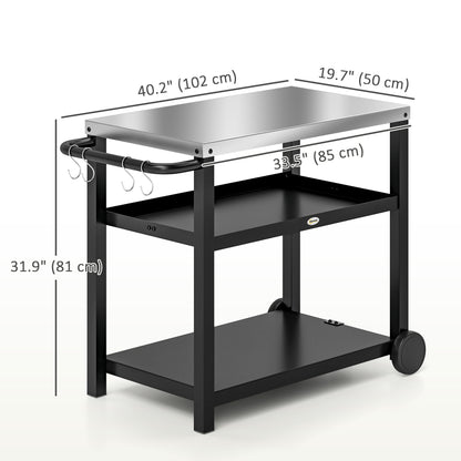 3-Shelf Outdoor Grill Dining Cart Pizza Oven Stand with Stainless Steel Top, Movable BBQ Food Prep Table Outdoor Kitchen