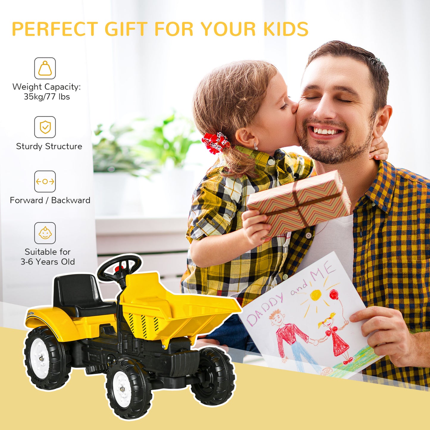 VarietyKart Ride on Tractor for Kids, Pedal Construction Car with Manual Control Bucket for 3 Years Old, Yellow