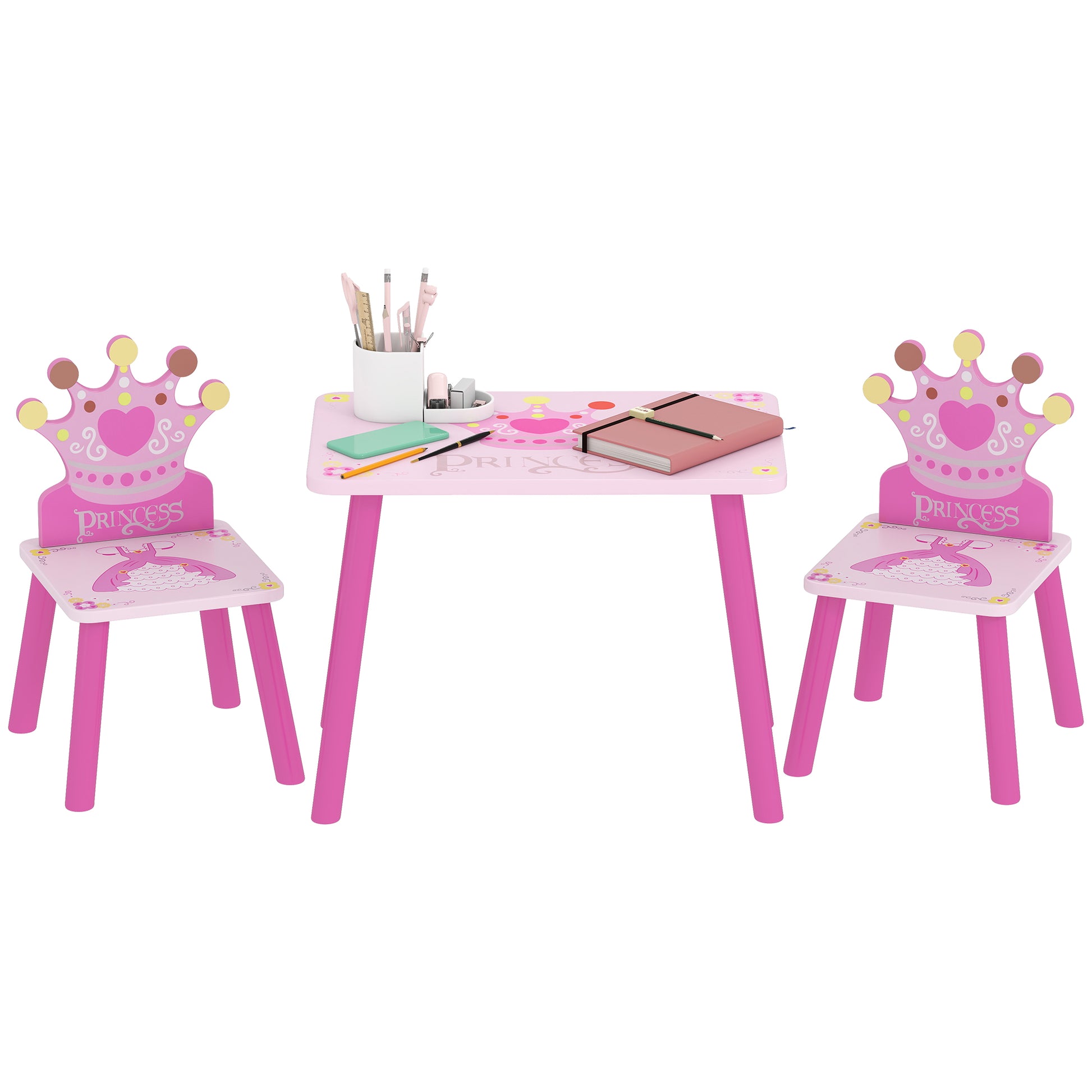 Qaba 3-Piece Set Kids Wooden Table Chair with Crown Pattern Easy to Clean Gift for Girls Toddlers Age 2-4 Years Old Pink