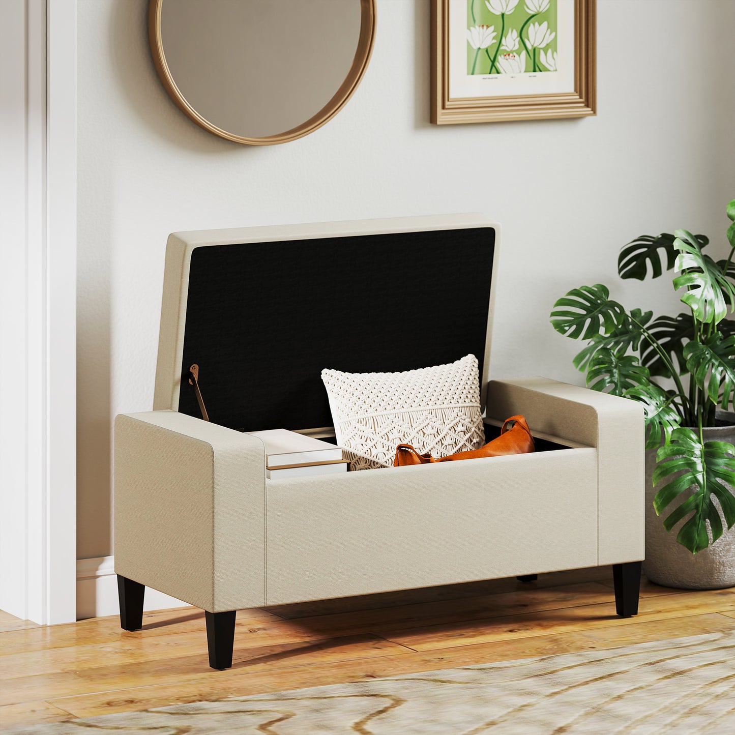36" Storage Ottoman Bench, Linen-Look Fabric End of Bed Bench with Solid Wood Frame and Legs, Tufted Storage Chest, Foot