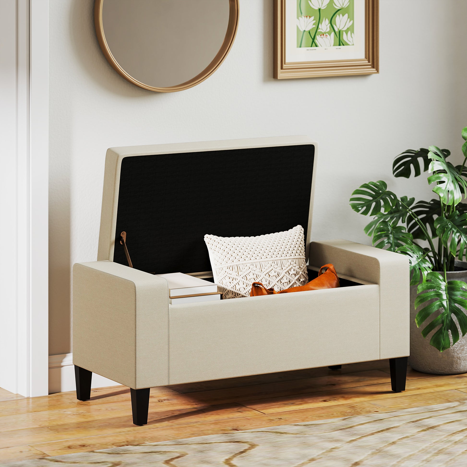 36" Storage Ottoman Bench, Linen-Look Fabric End of Bed Bench with Solid Wood Frame and Legs, Tufted Storage Chest, Foot