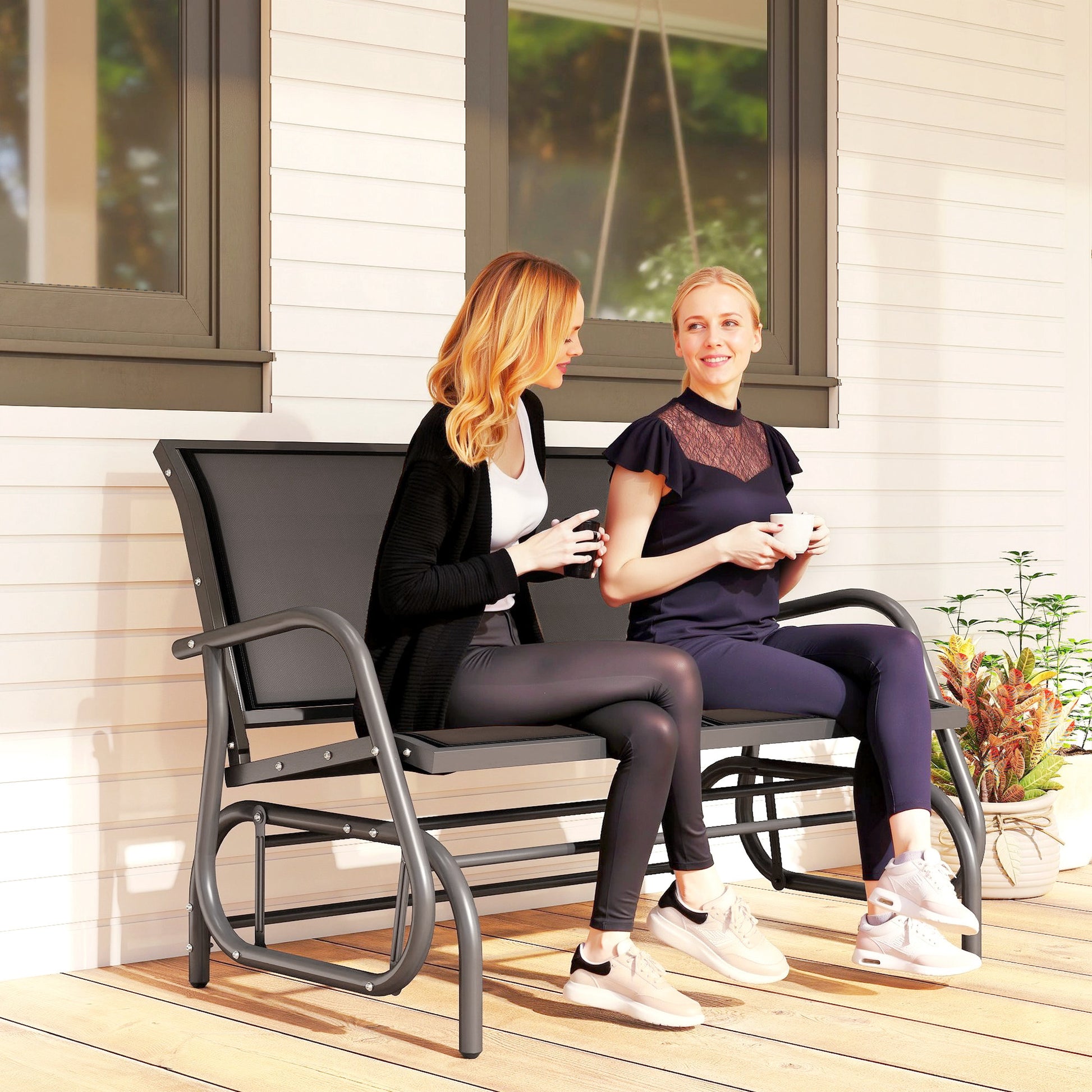Patio Double Glider Bench Swing Chair Rocker Heavy-Duty Loveseat Outdoor Garden Rocking Bench Steel Frame Sling Fabric S