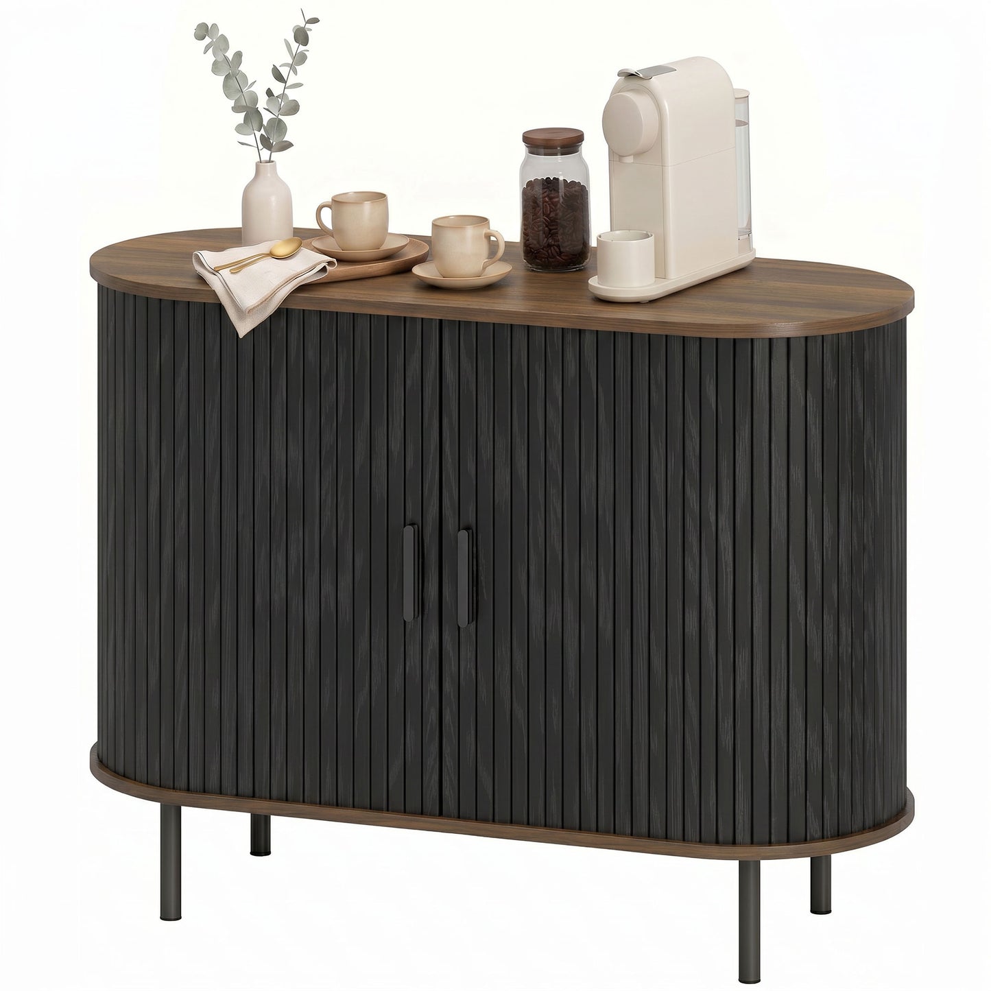 Sideboard Buffet Cabinet with Curved Tambour Doors and Storage, Brown Wood Grain