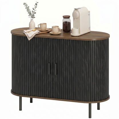 Sideboard Buffet Cabinet with Curved Tambour Doors and Storage, Brown Wood Grain