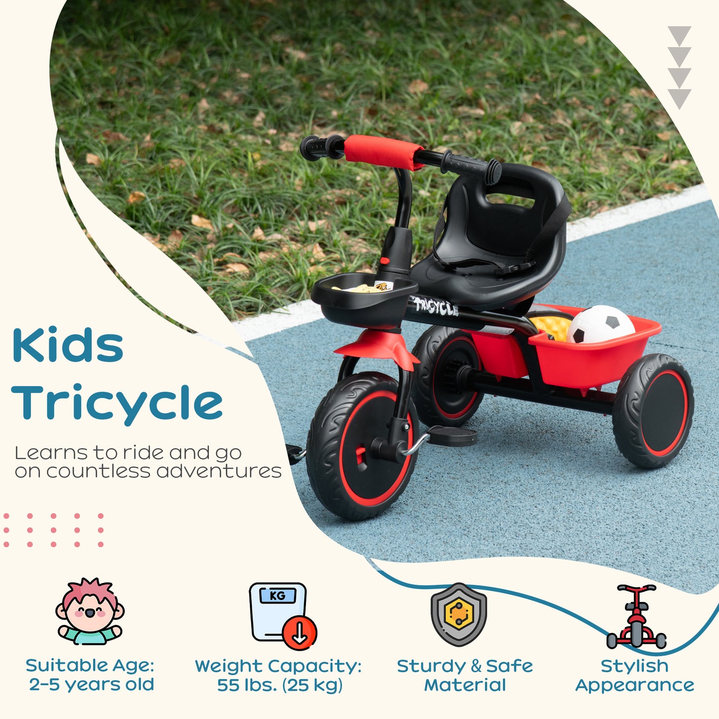Qaba Large Kids Tricycle for Toddler 2-5 Year Old Girls and Boys, Toddler Trike Bike with Adjustable Seat, Safety Belt, 