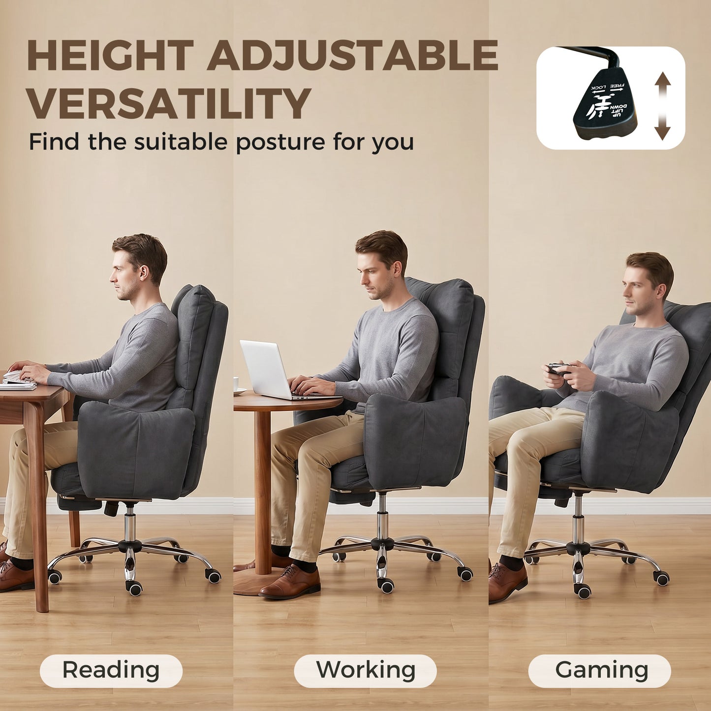 Office Chair with Foot Rest, Ergonomic Reclining Computer Gaming Chair w/ Snow Flannel Fabric, Thick Cushion, Dark Grey