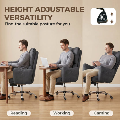 Office Chair with Foot Rest, Ergonomic Reclining Computer Gaming Chair w/ Snow Flannel Fabric, Thick Cushion, Dark Grey