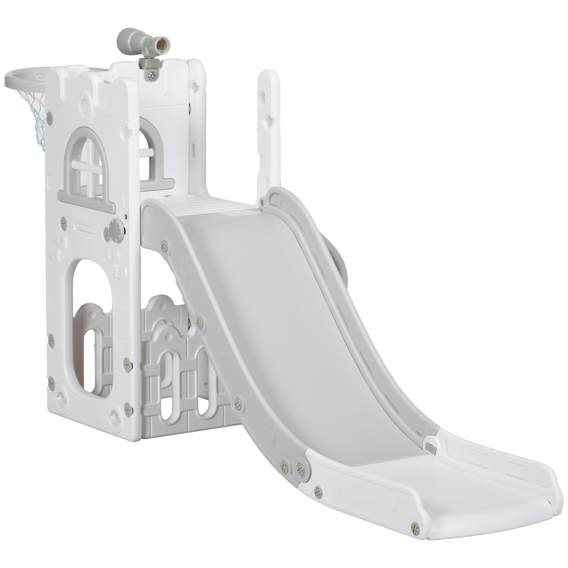 Qaba 5 in 1 Toddler Slide with Basketball Hoop, Climber, Telescope, Storage Basket, for 1-3 Years Kids Indoor Use, Grey