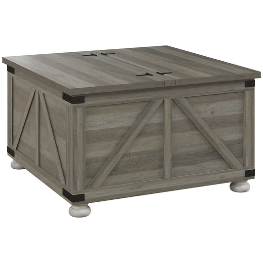 Farmhouse Coffee Table, Square Center Table with Flip-top Lids, Hidden Storage Compartment and Wooden Legs, Distressed G