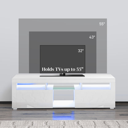 Modern TV Stand with Storage and LED Lights for TVs up to 55", TV Cabinet with Open Compartments, High Gloss White