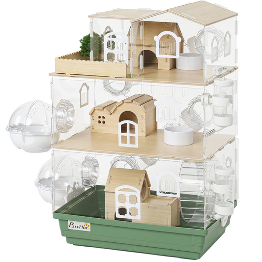 Large Hamster Cage, 3 Tiers Acrylic Hamster Habitat with Water Bottles, Running Wheel for Pet Mice, Dwarf Hamster