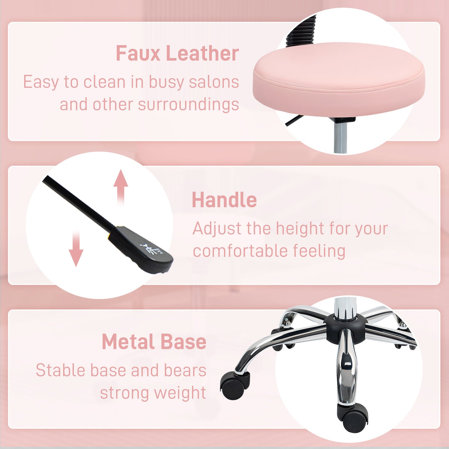 Adjustable Rolling Stool with Removable Backrest, Faux Leather Swivel Stool Chair for Salon Spa, Bar, Massage, Pink