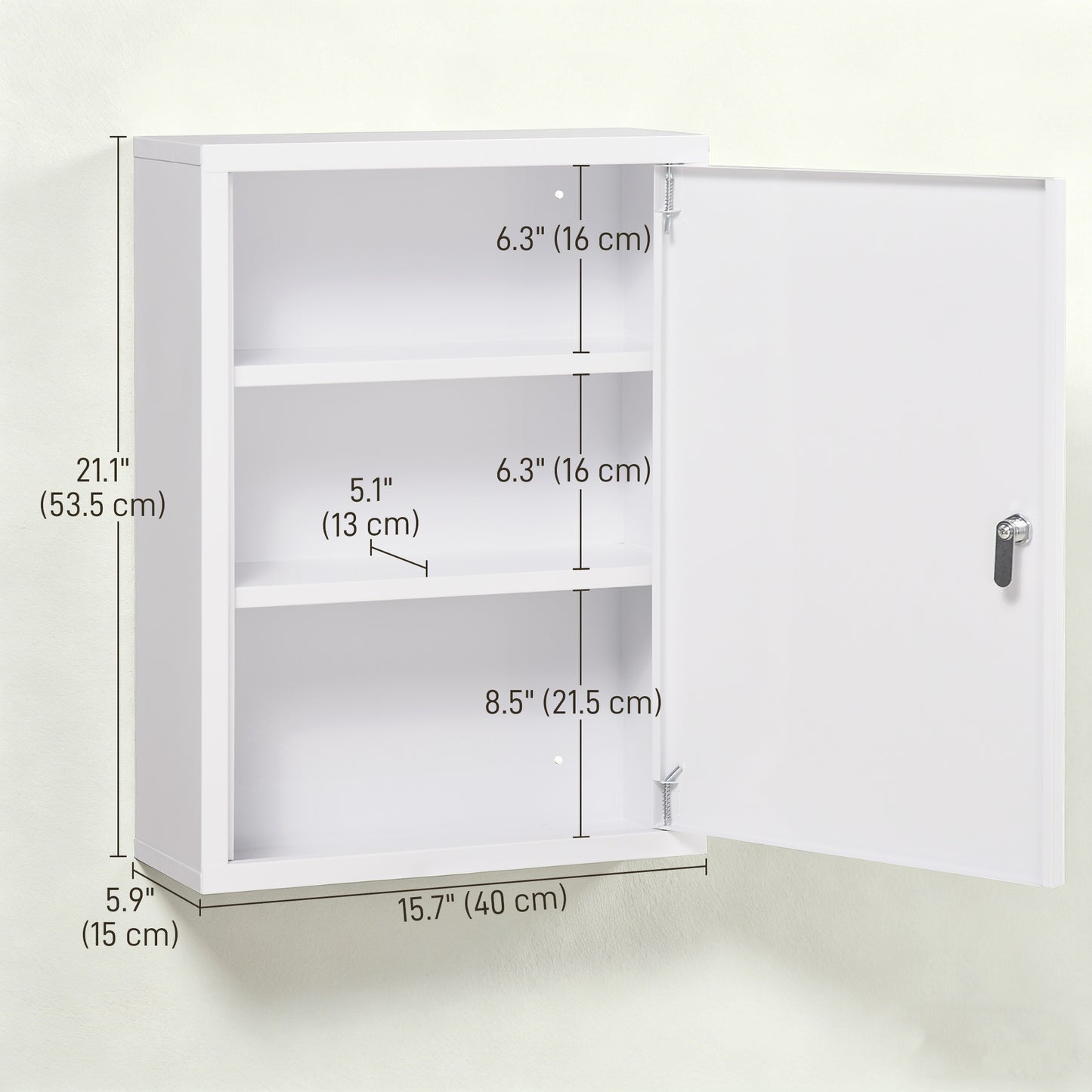 Lockable Medicine Cabinet, 3 Tier Steel Medical Wall Box with 2 Keys and Shelves for Bathroom, White