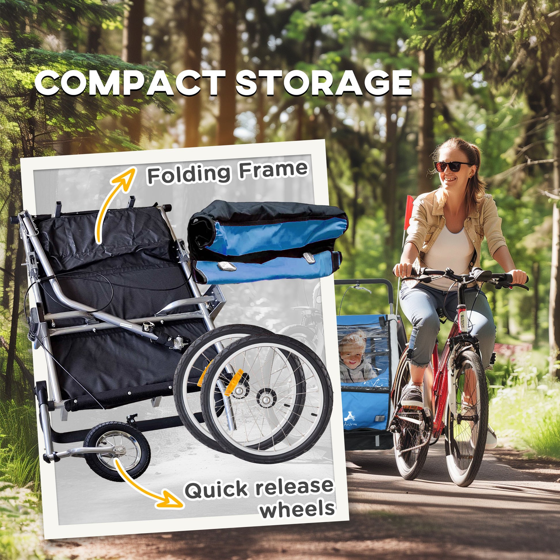 VarietyKart 2-in-1 Bike Trailer for Kids, Foldable 2-Seat Baby Stroller with 5-Point Harness, Rubber Wheels, Storage Bag